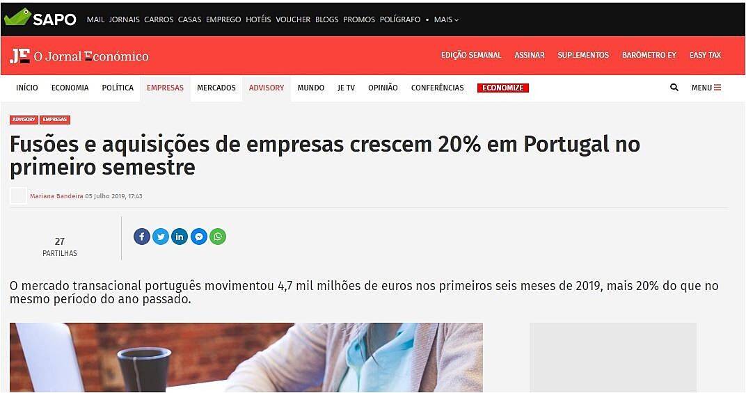 Fuses e aquisies de empresas crescem 20% em Portugal no primeiro semestre